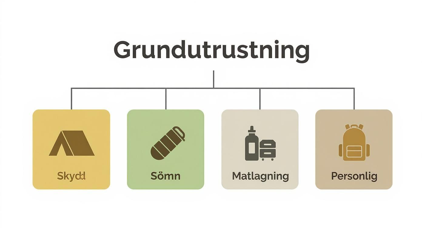 Infographic som visar grundläggande campingutrustning uppdelad i skydd, sömn, matlagning och personlig utrustning