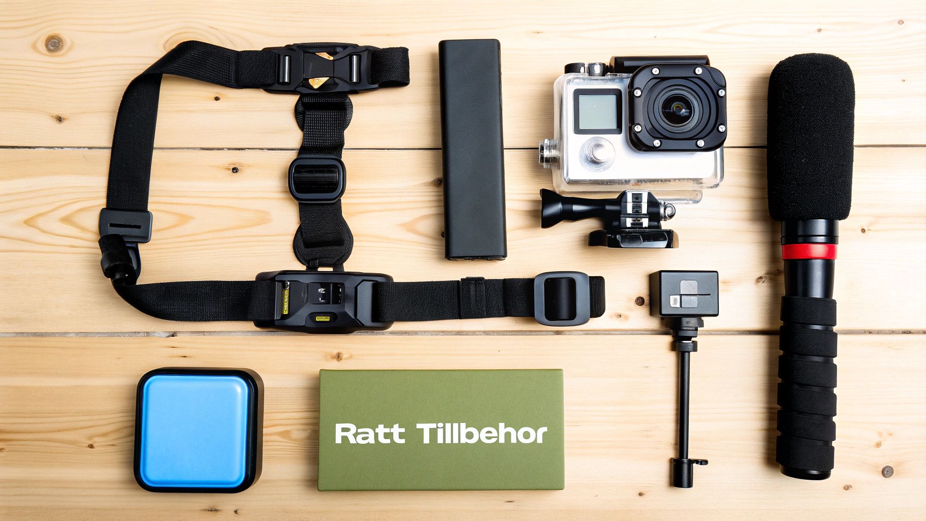 En actionkamera, bröstsele, mikrofon och andra tillbehör ligger utspridda på ett träbord.