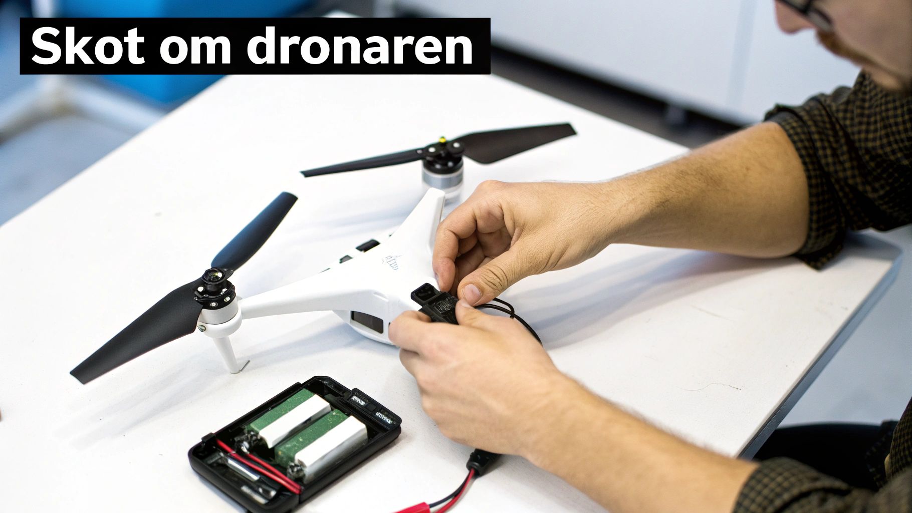 En person håller upp en fjärrkontroll och ser på sin drönare som svävar i luften.