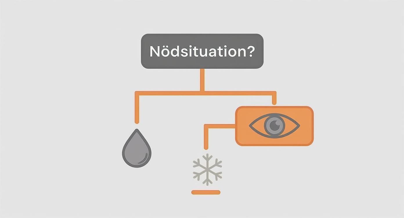Ett beslutsträd som illustrerar hur man väljer rätt nödfilt baserat på situationer som regn, kall mark och behovet av att synas.