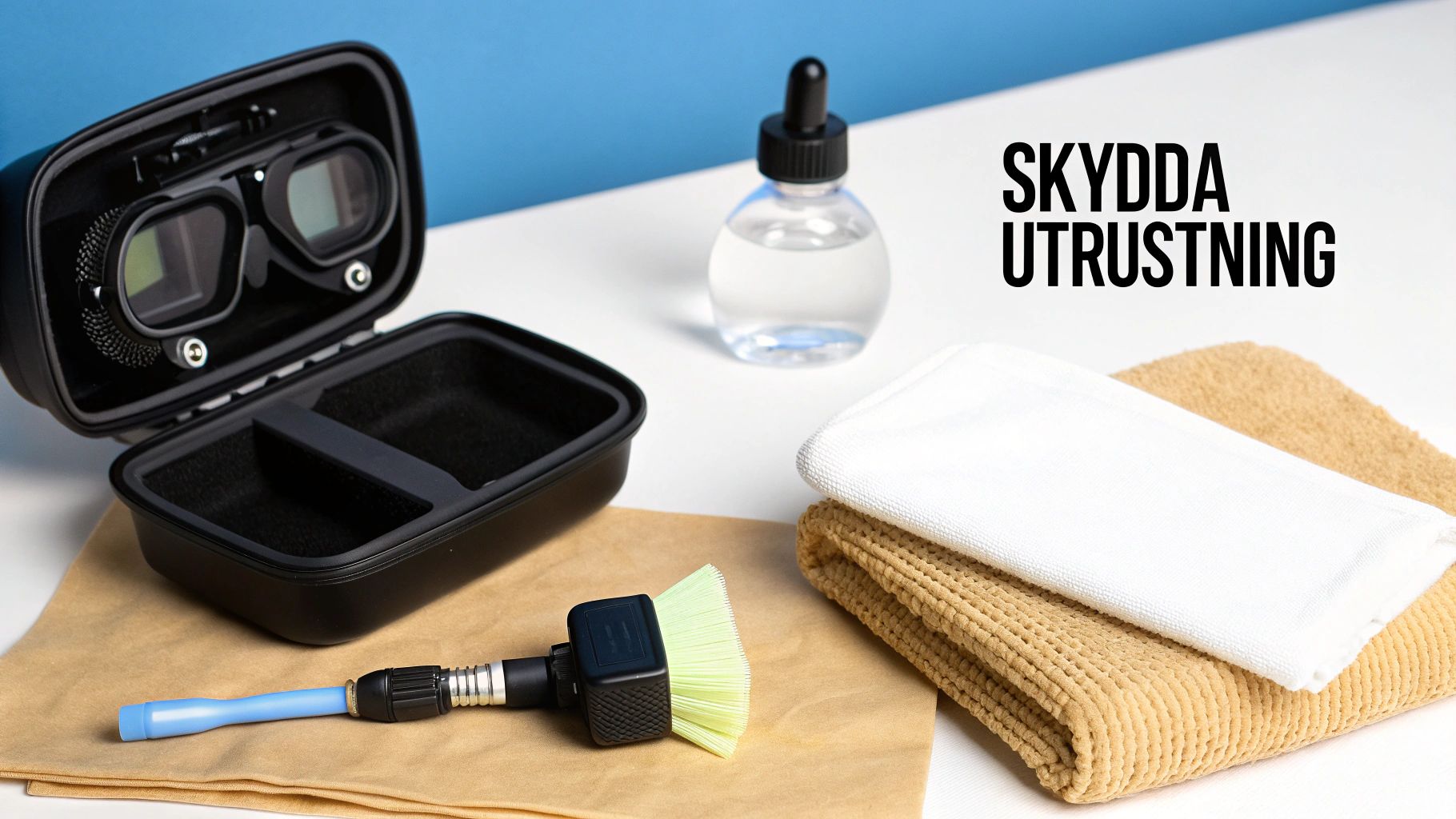 Kuvassa näkyy laitteiden puhdistus- ja suojaustarvikkeita, kuten kotelossa olevia VR-laseja, harja ja puhdistusliinoja.