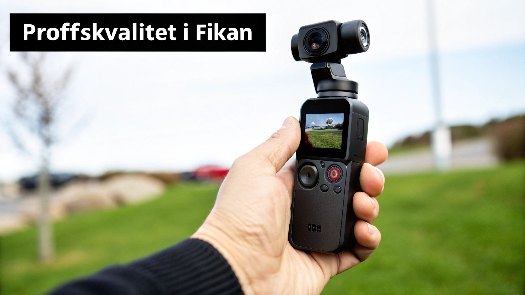 En person håller en DJI Pocket 2 framför ett naturskönt landskap