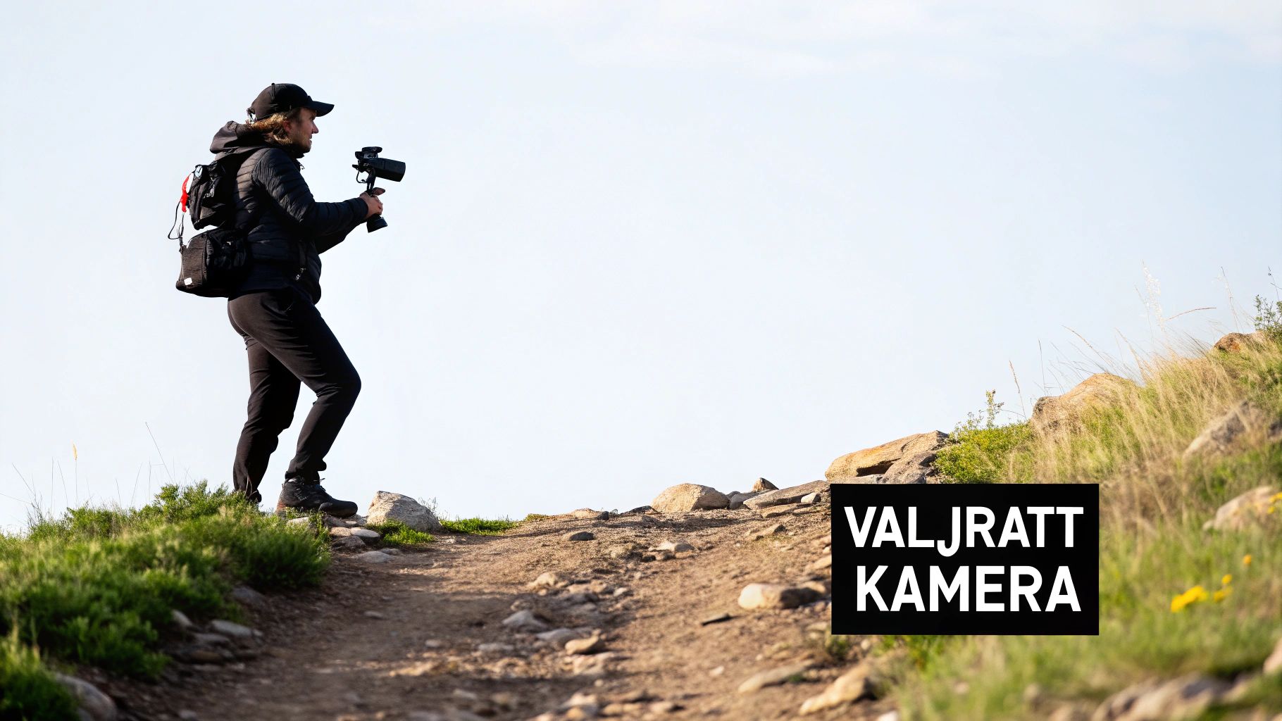 En person som håller en actionkamera mot en dramatisk solnedgång över bergen.