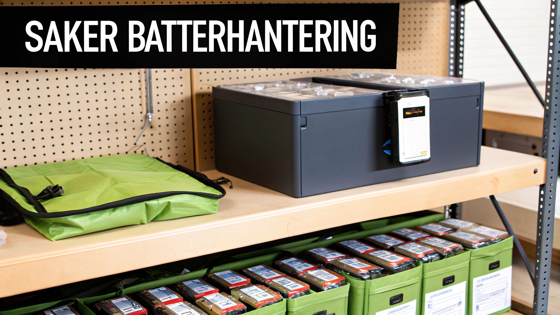 SAFE BATTERY HANDLING: An organized shelf with equipment for safe battery management, including boxes and storage.
