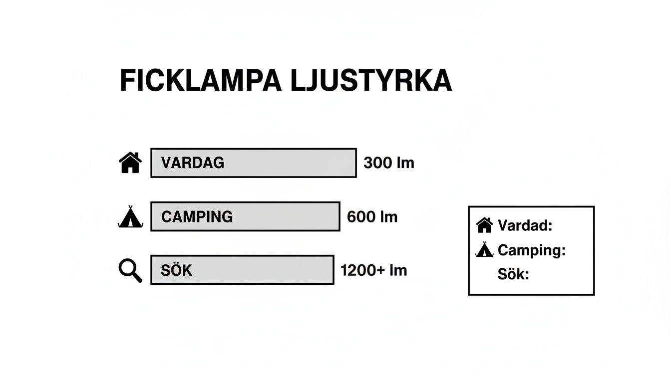 Diagram showing recommended brightness levels for flashlights, divided into everyday, camping, and search, with specified lumens.
