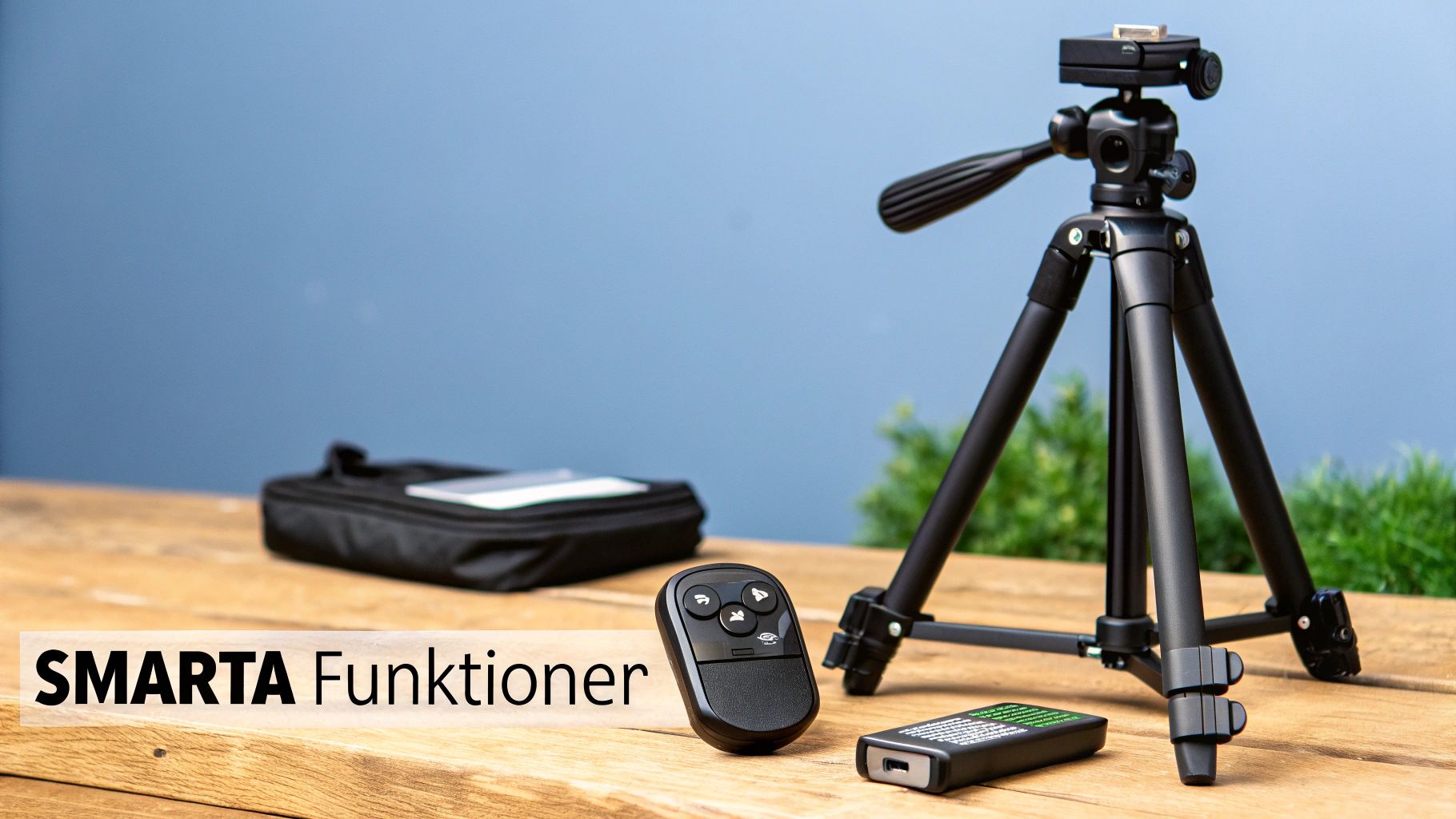 Sort stativ til mobil, fjernbetjening og andet tilbehør på træbord foran blå væg.