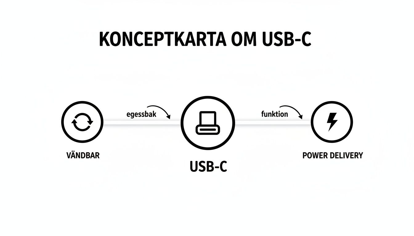 USB-C concept map showing its reversible property and Power Delivery function.