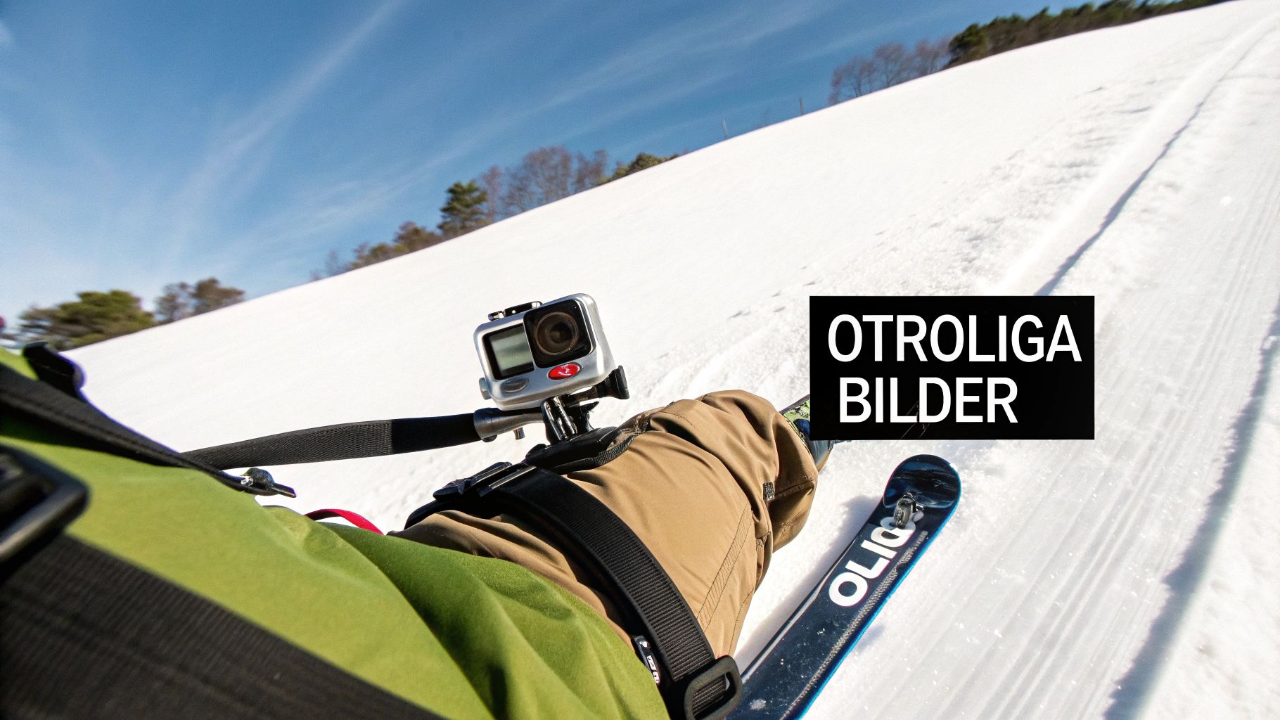 Hiihtäjästä ensimmäisen persoonan perspektiivistä kuvattuna, kun GoPro-kamera on kiinnitetty tankoon ja hän kuvaa lumista rinnettä alas.