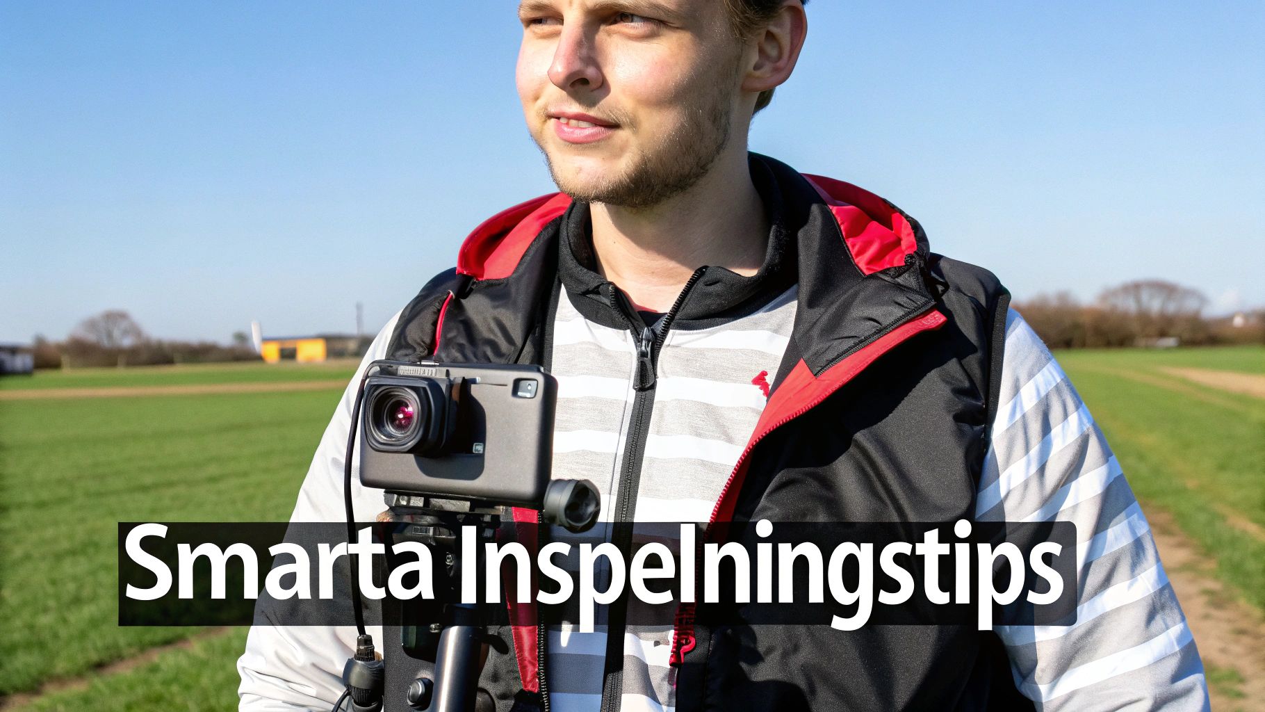 A man in a jacket holding a camera on a tripod outdoors, with the text 'Smart Recording Tips'.
