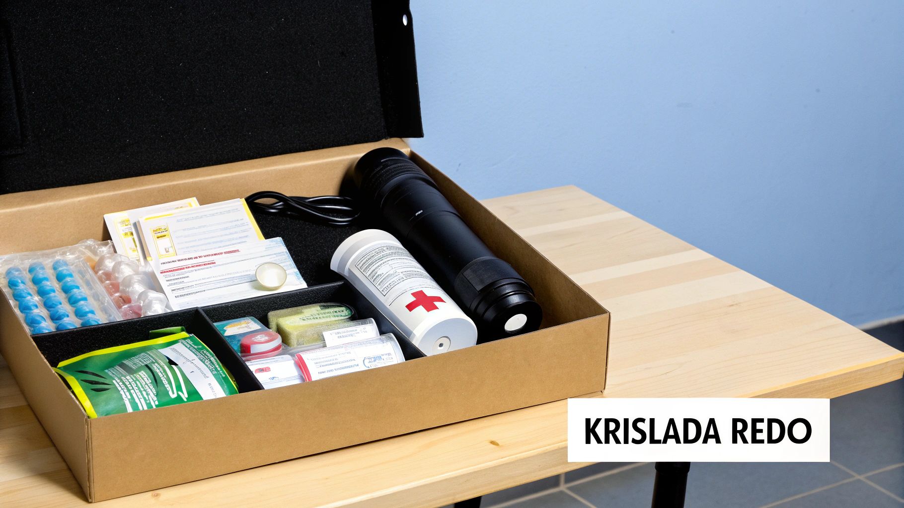 Avoin pahvilaatikko, jossa on hätävalmiuspakkaus, joka sisältää ensiapuvälineet, taskulampun ja muita hätätarvikkeita.