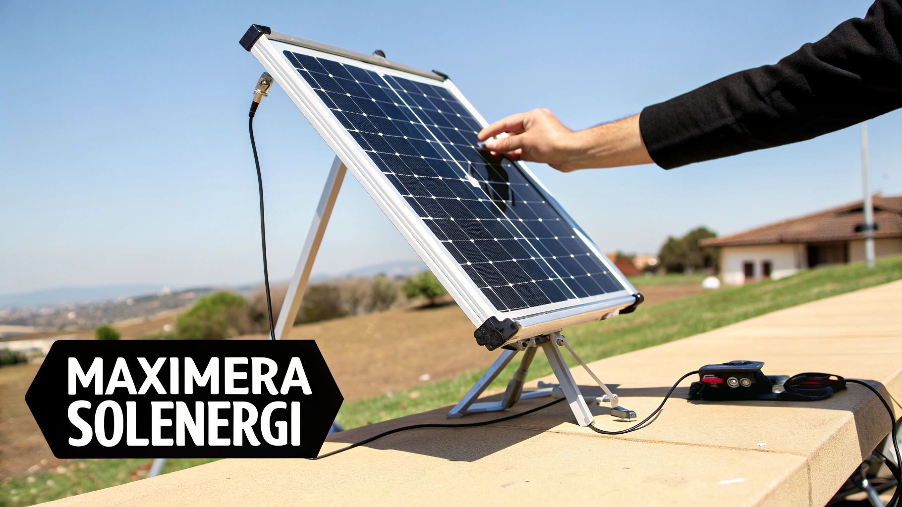 En person justerar en portabel solcellspanel mot solen på en klippa.