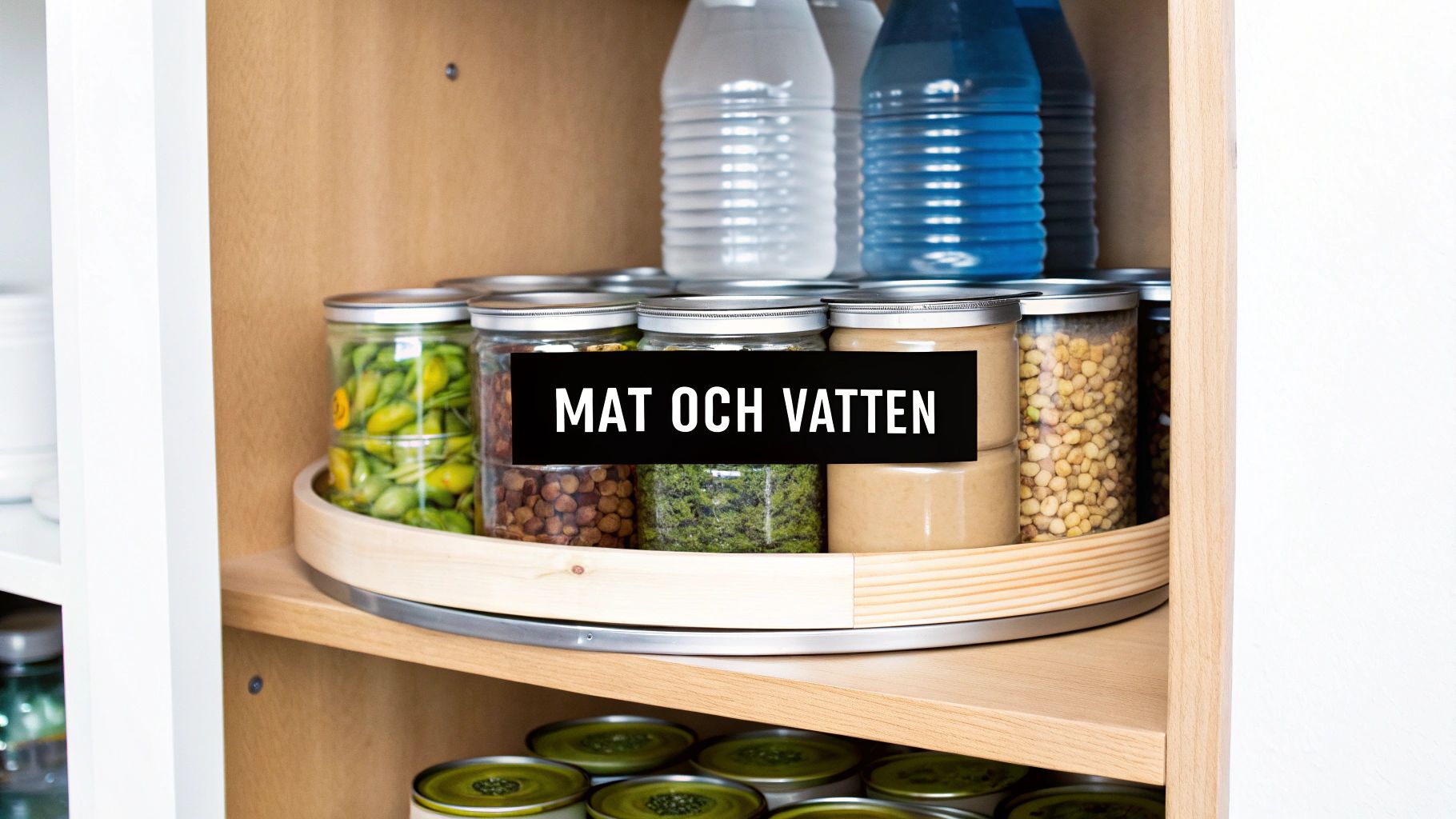 Ruokakomero, jossa on pyörivä tarjotin, joka on täynnä ruokatölkkejä ja vesipulloja ja jossa lukee "RUOKAA JA VETTÄ".