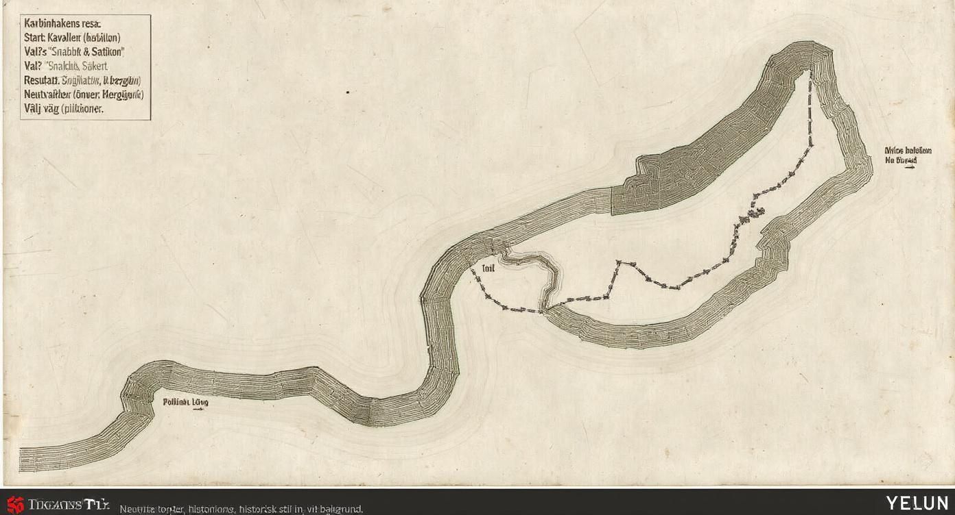 Vanha kartta, joka näyttää karabiinin matkan, mutkittelevan reitin sotilasmerkinnöin ja ympäröivän maaston.
