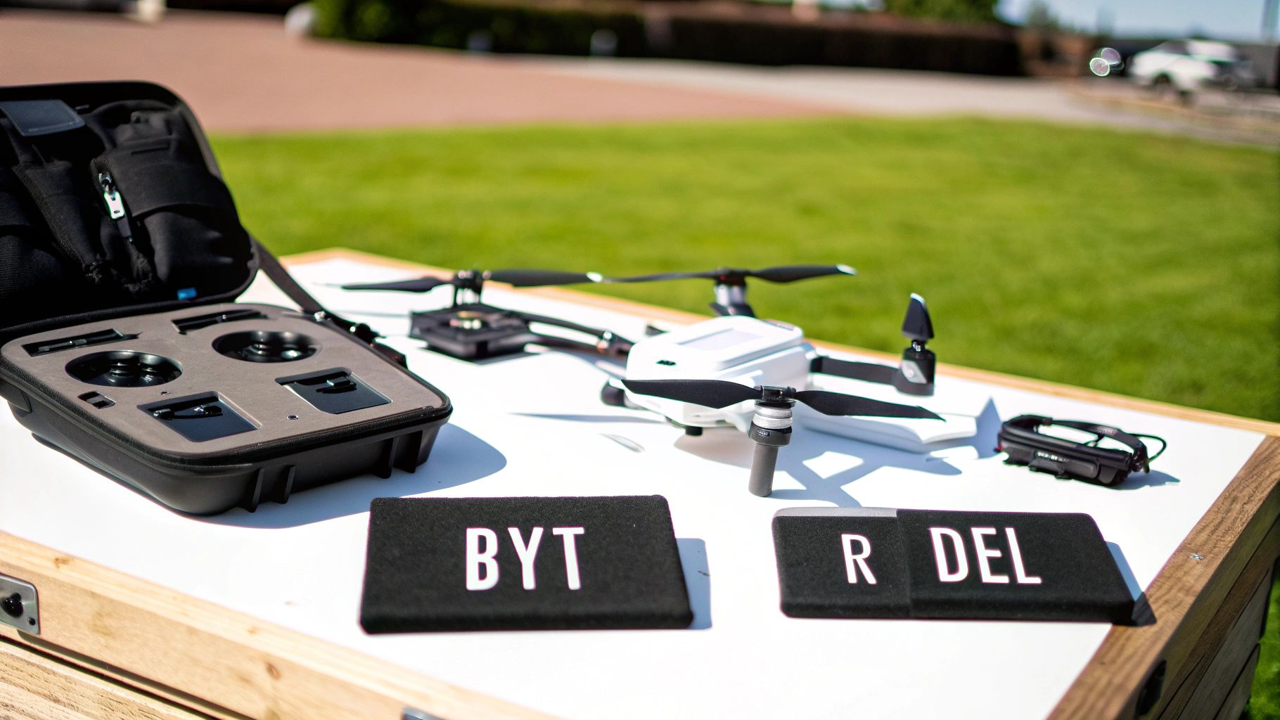 En vit drönare och dess reservdelar ligger utspridda på ett vitt bord utomhus.