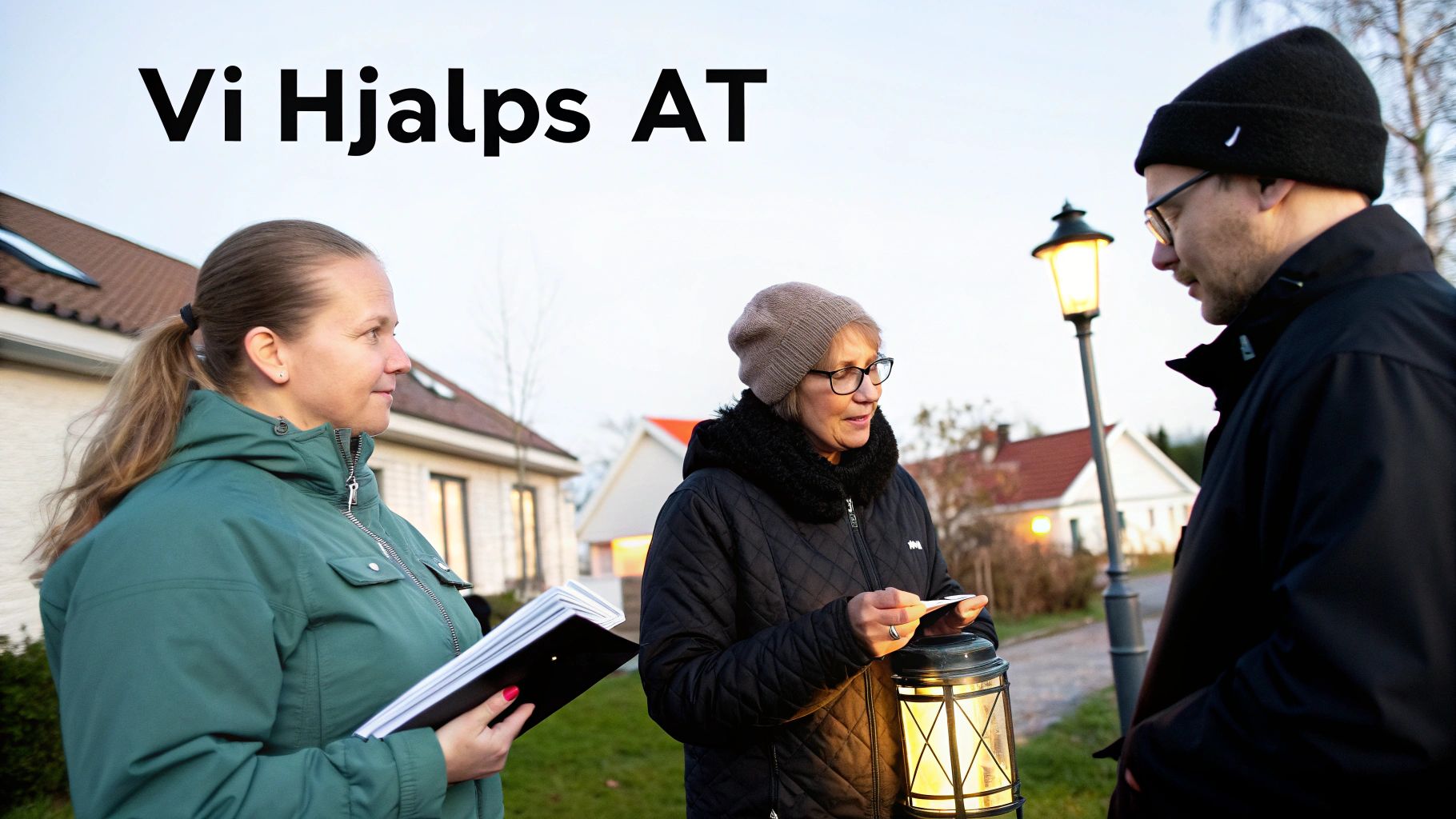 Kolme ihmistä keskustelee asuinalueella, yksi pitelee muistikirjaa ja toinen lyhtyä.