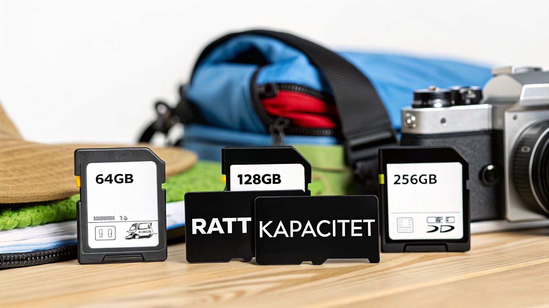 Three SD cards with different capacities (64GB, 128GB, 256GB) and the text "RIGHT CAPACITY" near a camera.
