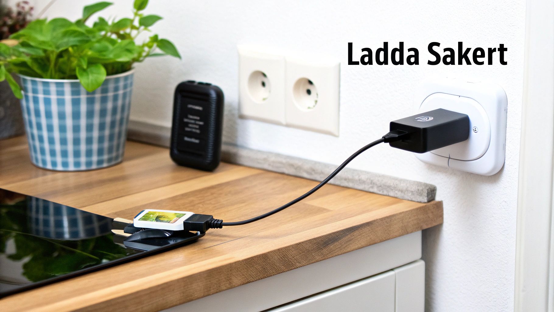 En oplader tilsluttet en stikkontakt oplader en enhed på en træbænk. Teksten 'Oplad sikkert' er tydeligt synlig.