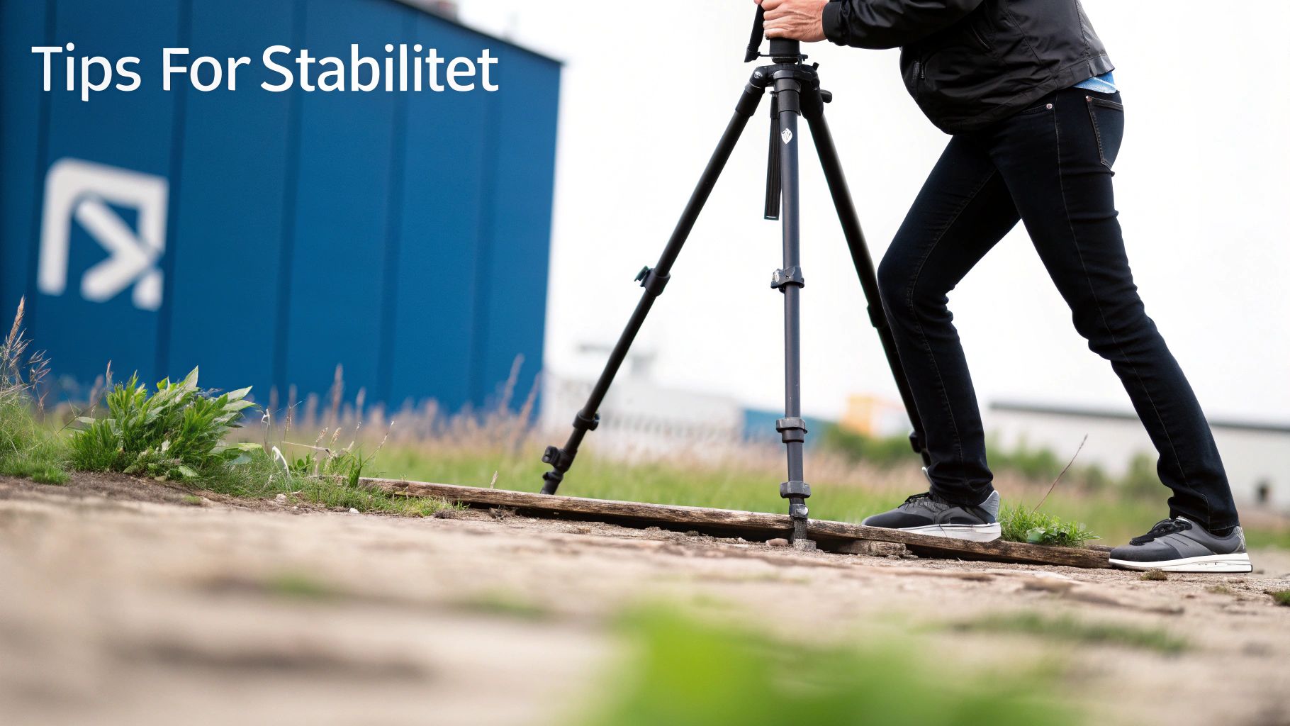 En person justerer et sort kamerastativ udendørs på grus med en blå bygning i baggrunden.