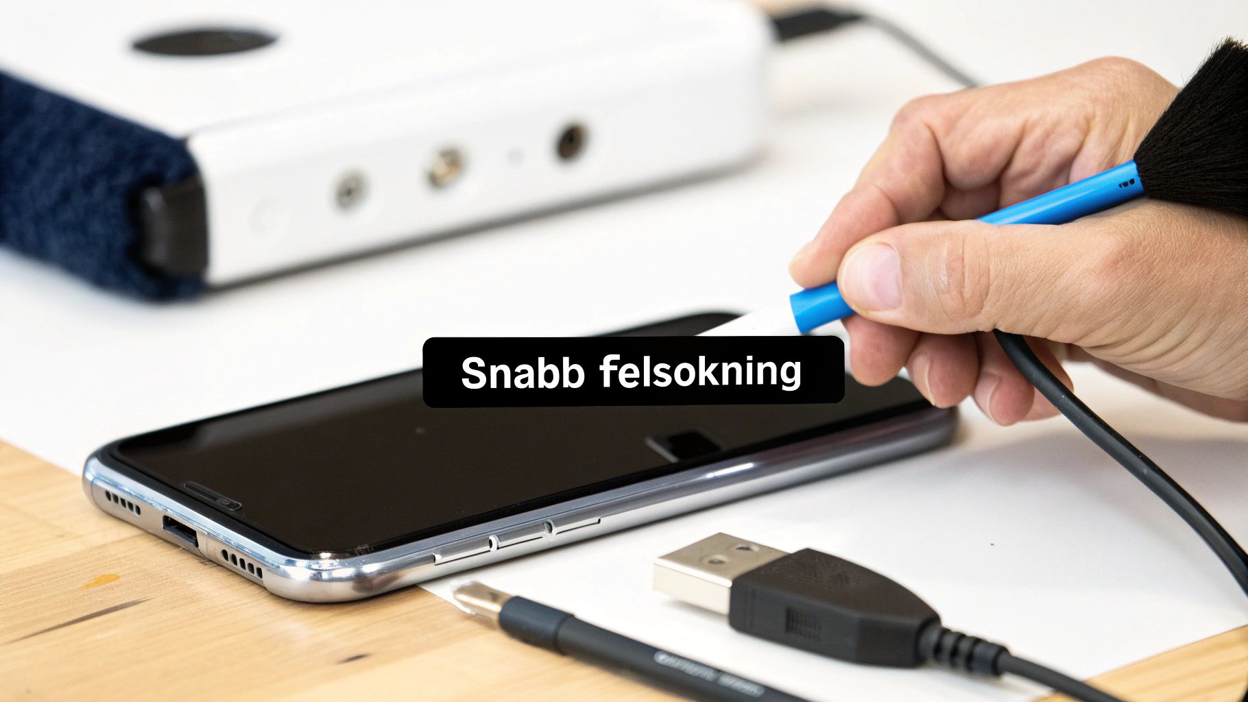 Hand cleaning a smartphone port with a brush, next to a USB cable and troubleshooting equipment.