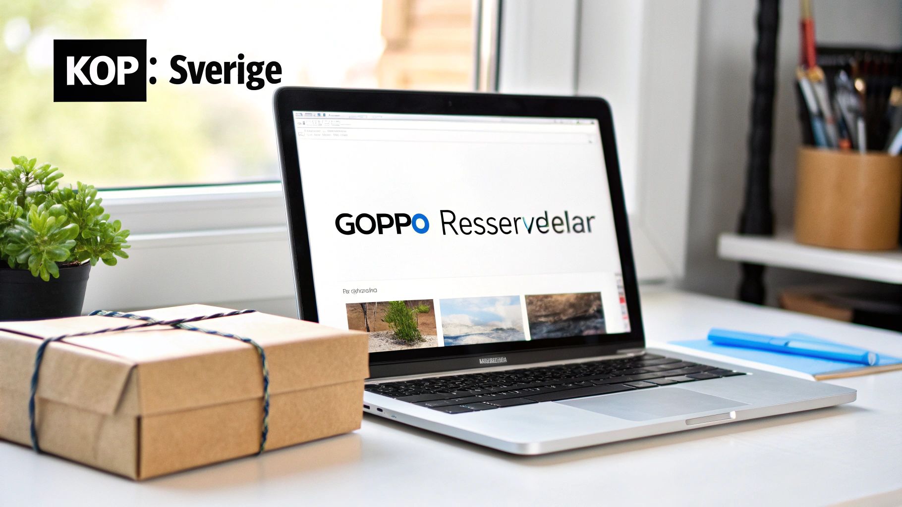 En laptop som visar 'GOPPO Reservdelar', en växt och ett brunt paket på ett skrivbord. Texten 'KOP: Sverige' finns uppe till vänster.