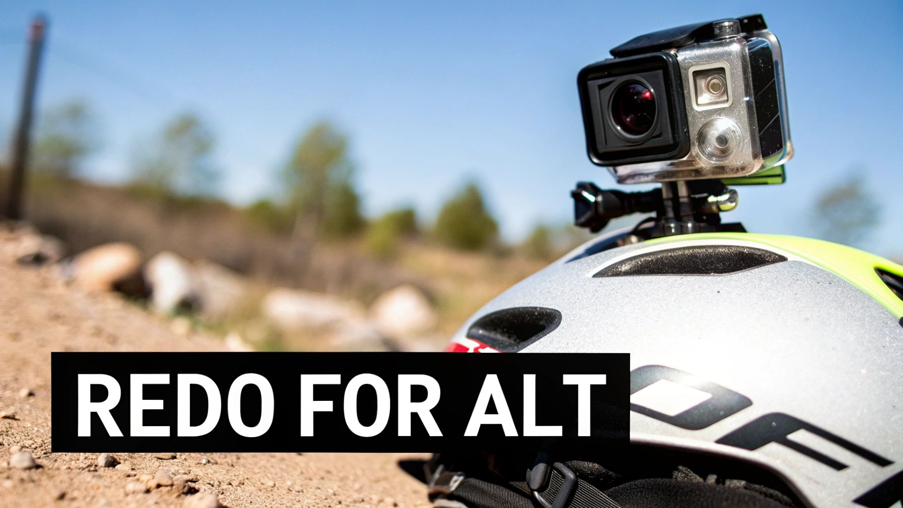 En GoPro-actionkamera är monterad på en silverfärgad och gulgrön cykelhjälm utomhus.