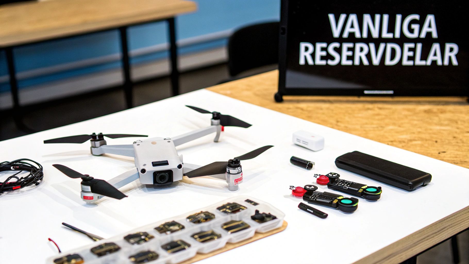 A drone and an assortment of drone spare parts are spread out on a white table, with a sign in the background that says 'Common Spare Parts'.