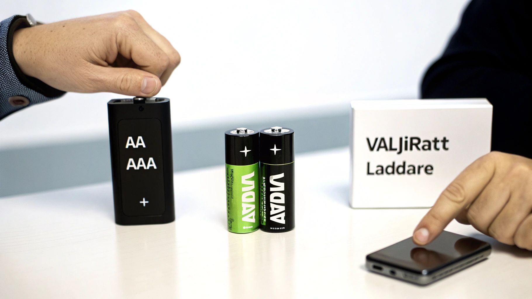 To personer demonstrerer genopladelige AA-batterier og en oplader med en smartphone på bordet.