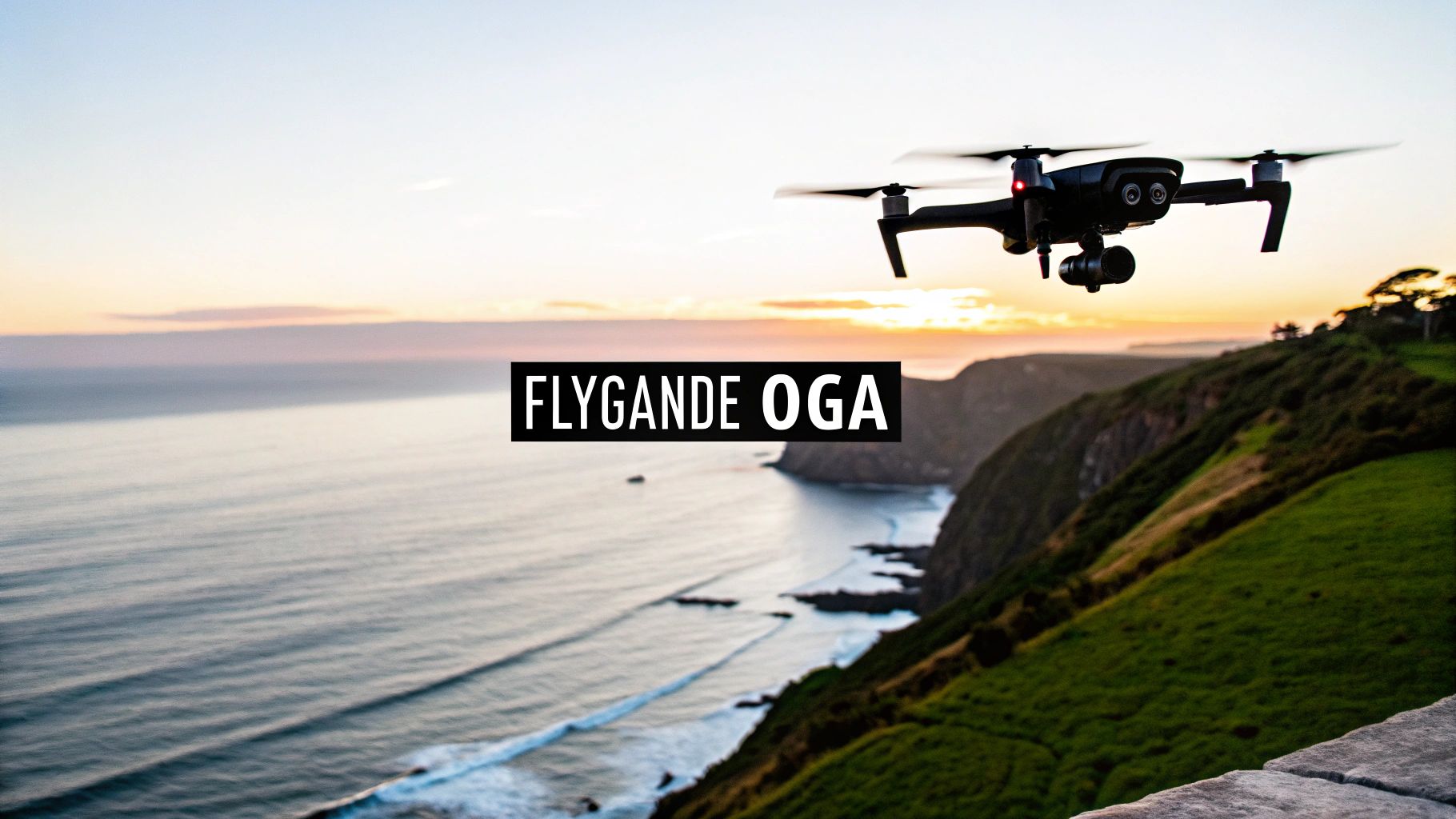 En drönare med kamera som flyger över ett dramatiskt landskap i solnedgången