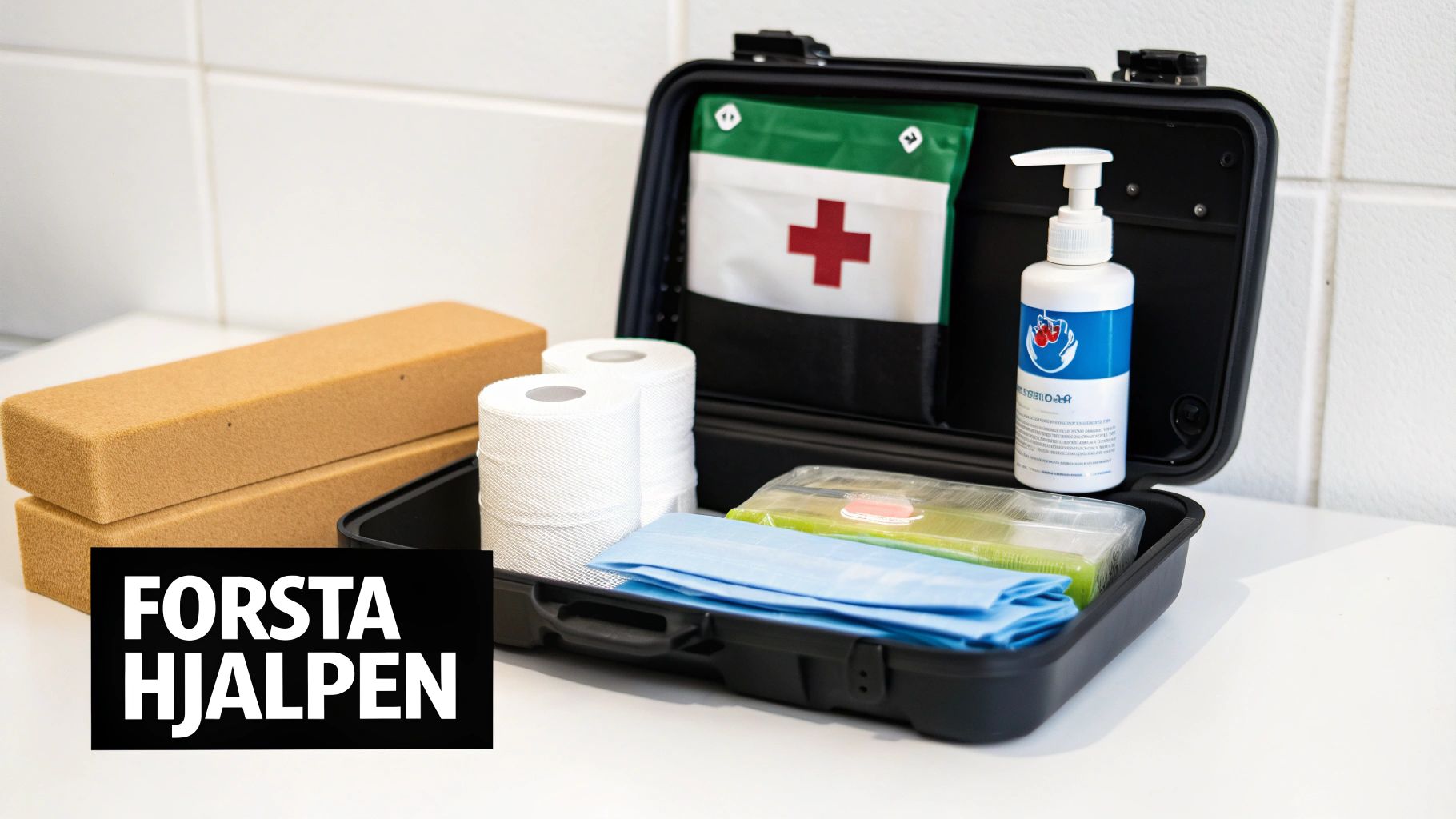 En öppen svart första hjälpen-låda fylld med medicinsk utrustning, inklusive bandage, desinfektionsmedel och två beige kuddar.