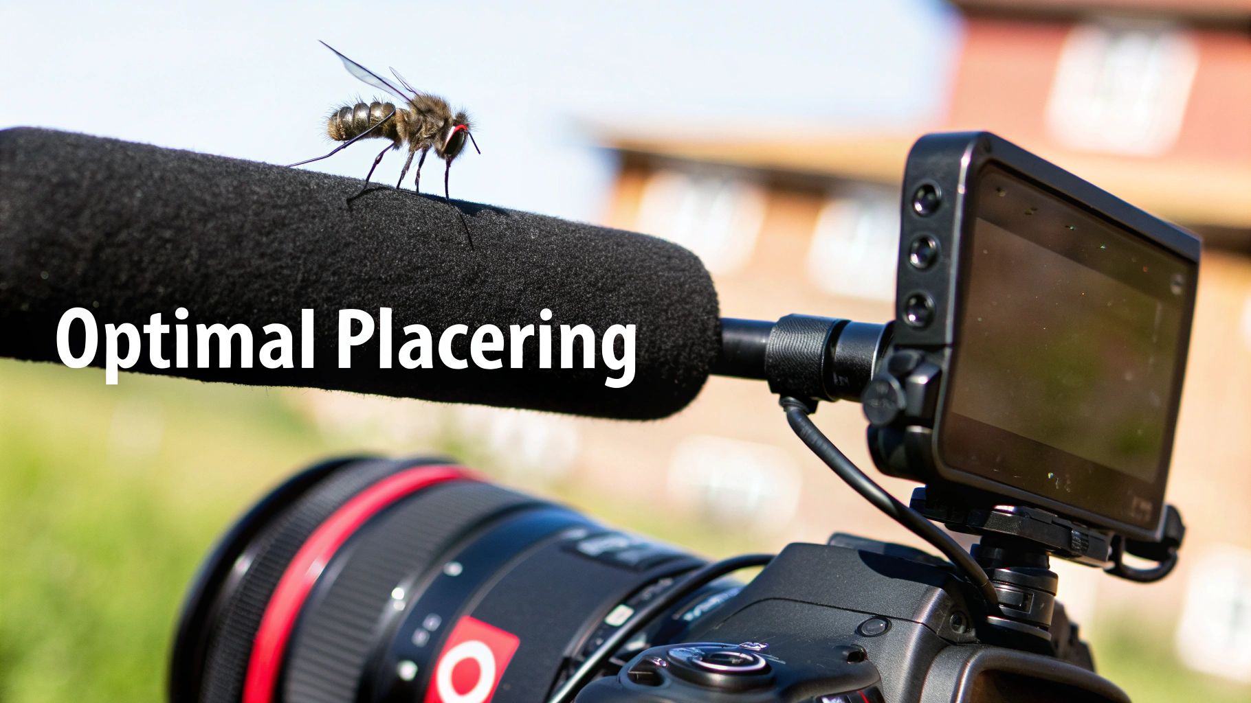 En person som noggrant fäster en mikrofon med vindskydd på en hjälm.