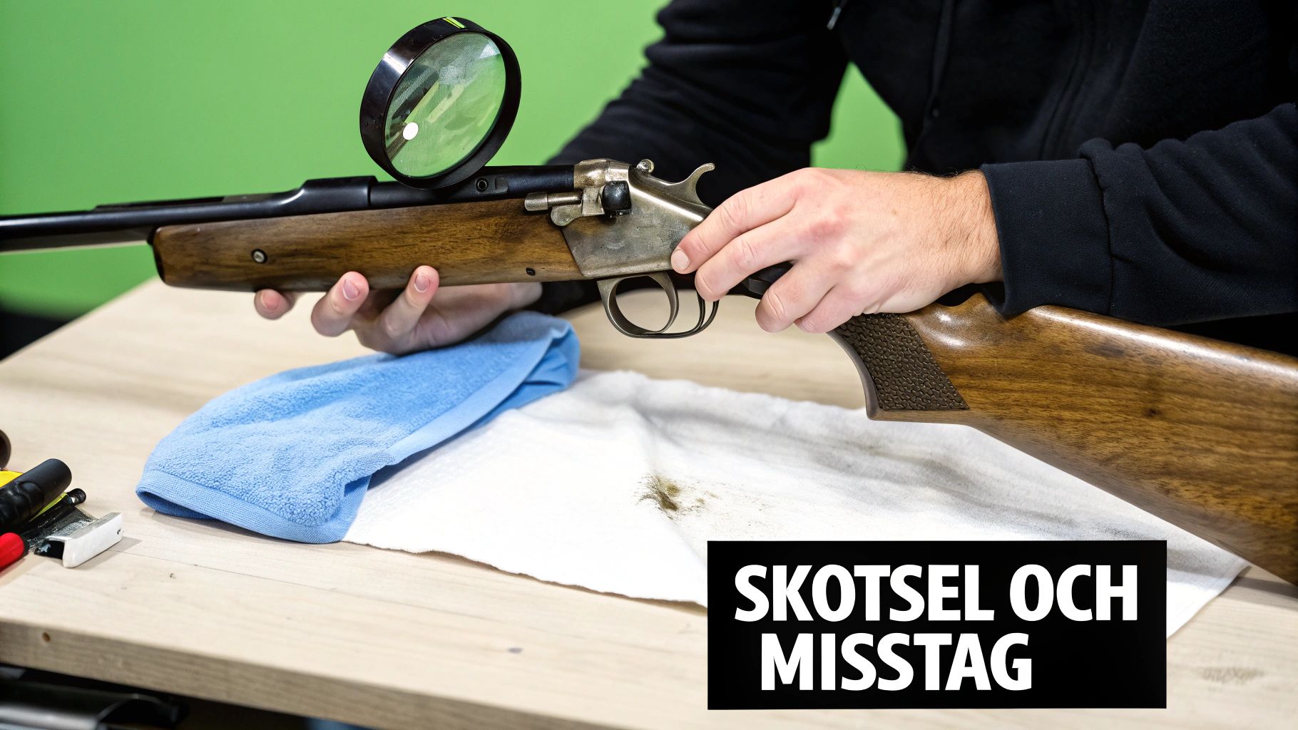 Kädet pitelevät kivääriä suurennuslasilla tarkkaa tarkastelua varten, puhdistusliinoja ja tahroja pöydällä.