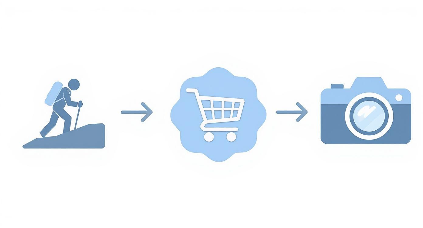Kuvakesarja näyttää retkeilijän, nuolen, ostoskärryn, nuolen ja kameran.