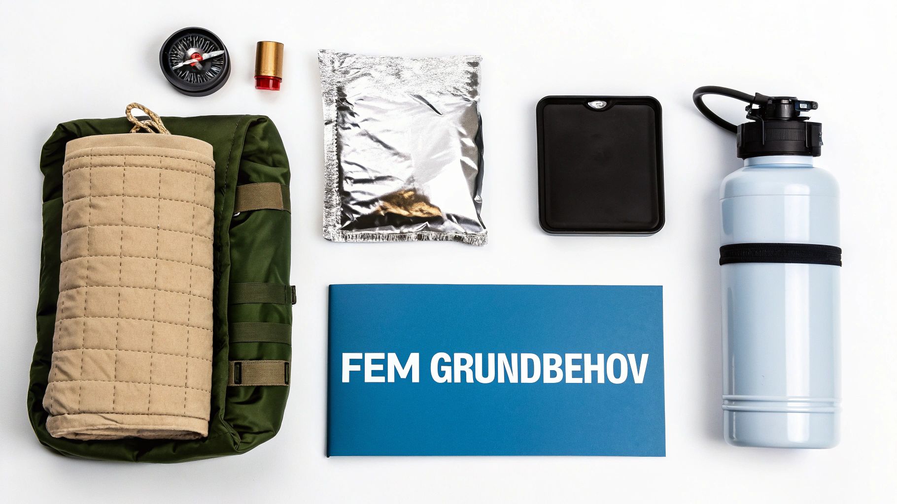 En person packar en ryggsäck med överlevnadsutrustning i en skogsmiljö.