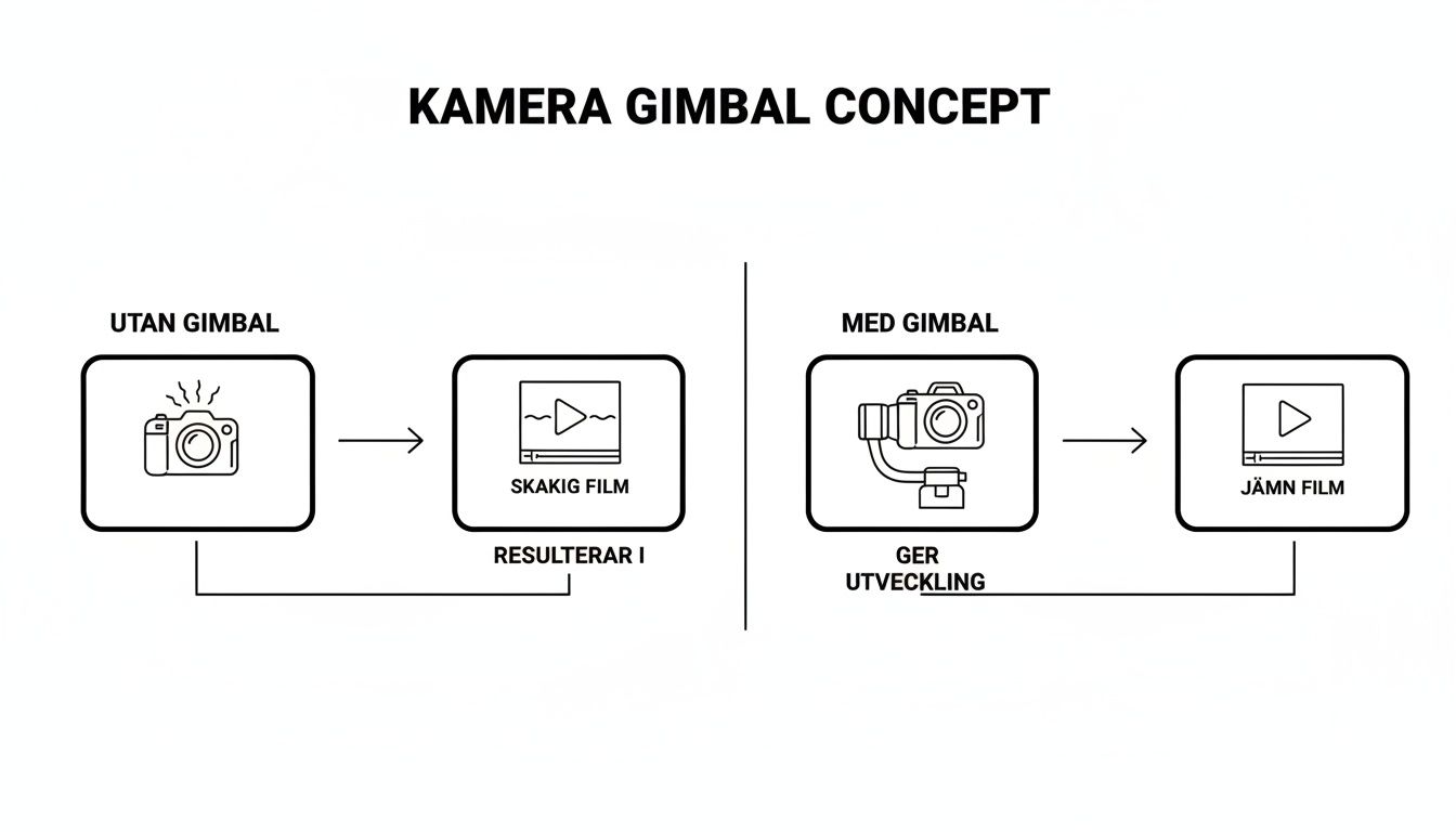 Diagram som jämför filmkvalitet med och utan kameragimbal, visar skakig film utan och jämn film med gimbal.