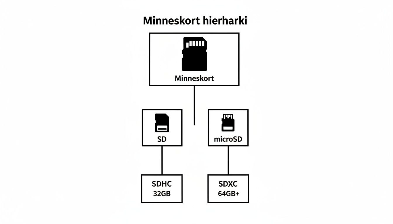 Diagram showing memory card hierarchy, including SD, microSD, SDHC (up to 32GB), and SDXC (64GB+).