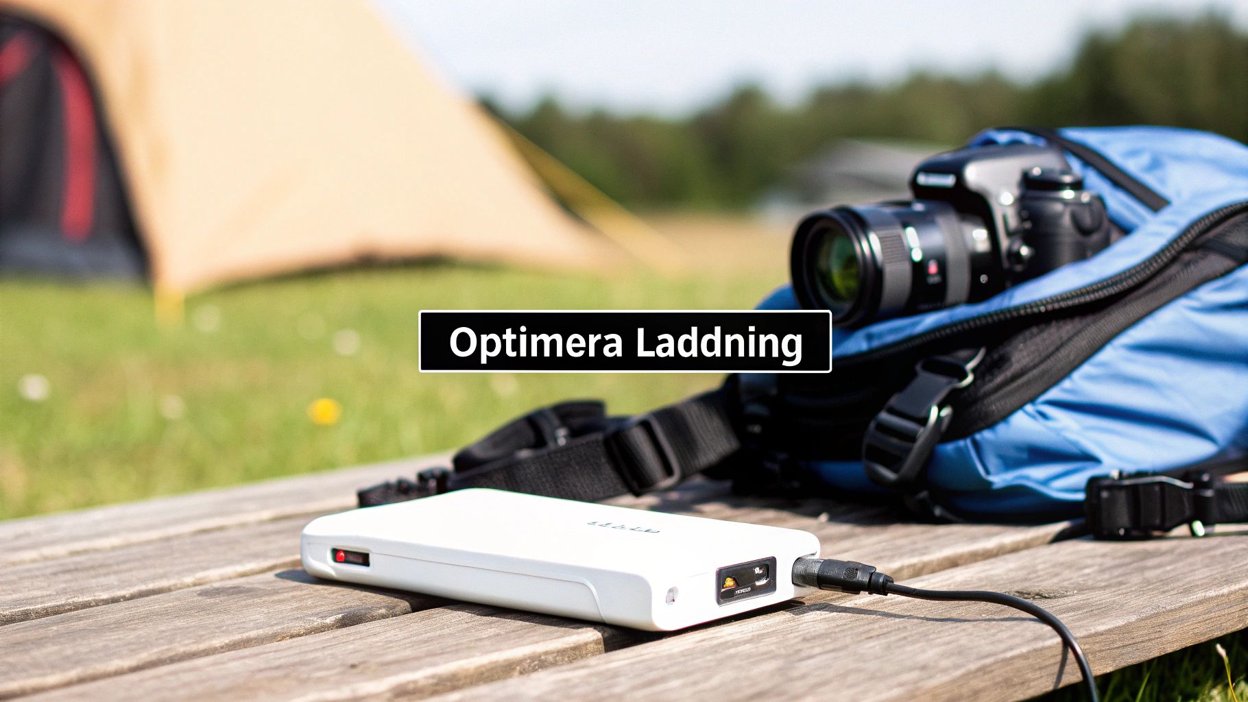 A white power bank charging outdoors on a wooden table, with a camera and a tent in the background.