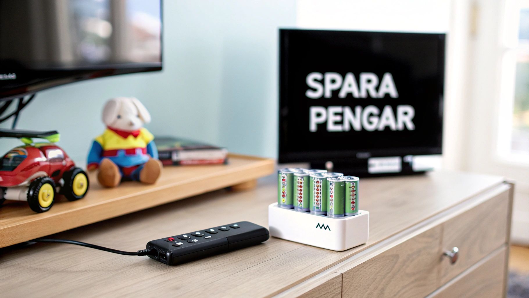 Et tv med teksten SPAR PENGE, en fjernbetjening, genopladelige batterier og legetøj på et træbord.
