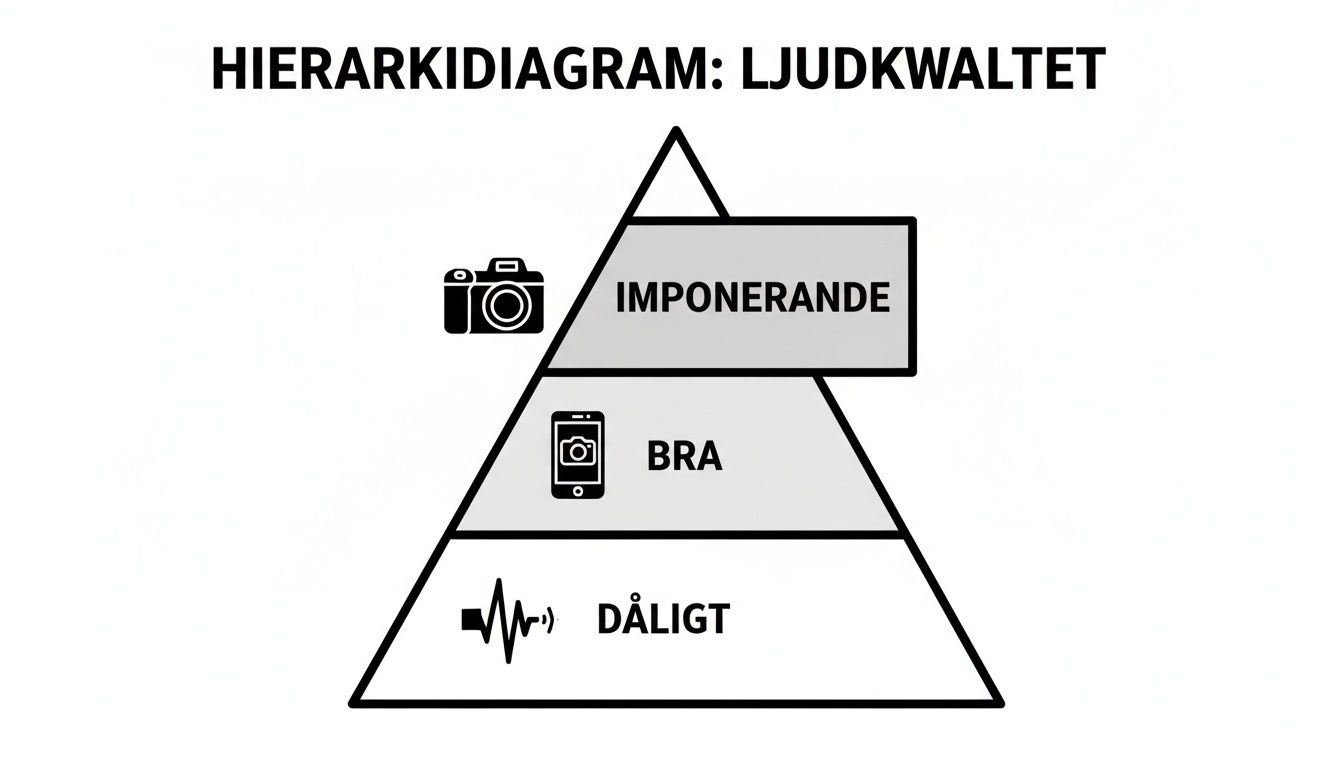Hierarchy diagram showing audio quality from poor (waveform) to good (mobile) and impressive (camera).