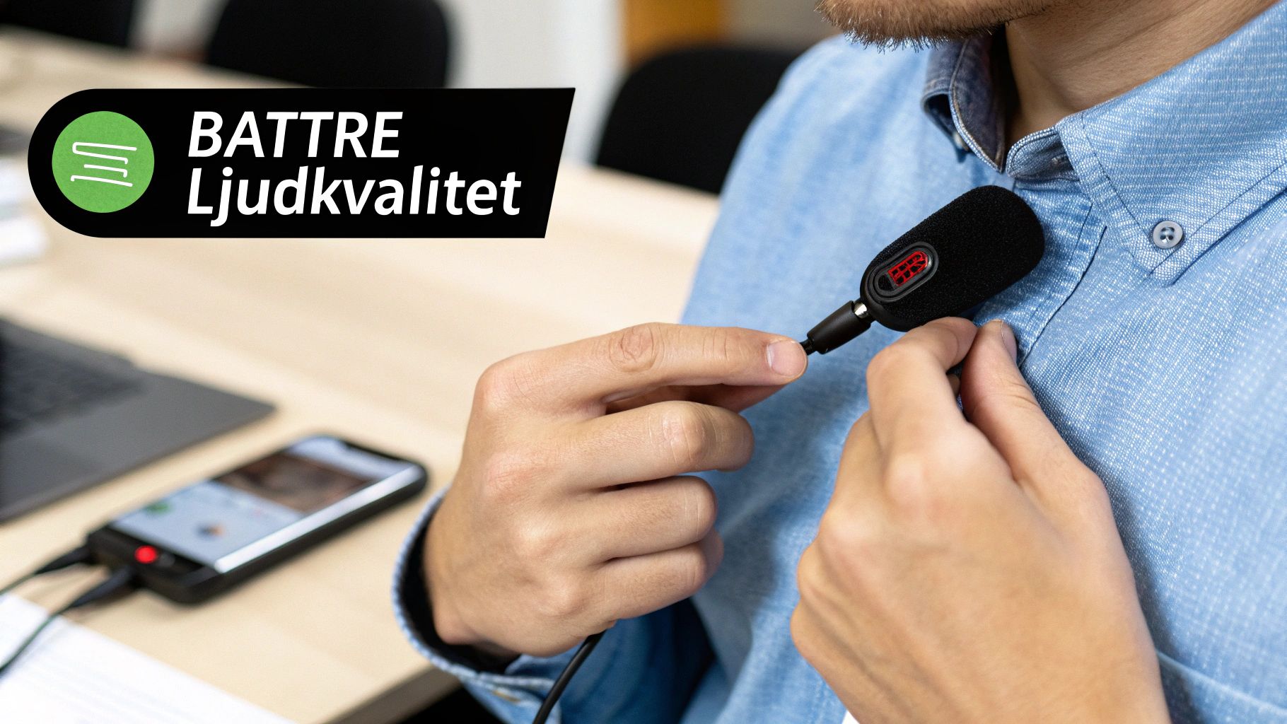 En person justerar en trådlös mikrofon på sin krage