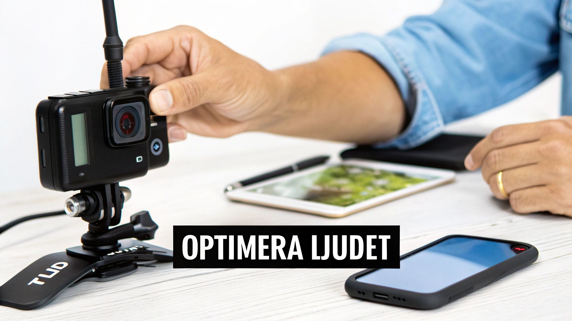 En hånd justerer et GoPro-kamera med ekstern mikrofon på et stativ, med en tablet og mobiltelefon i baggrunden.