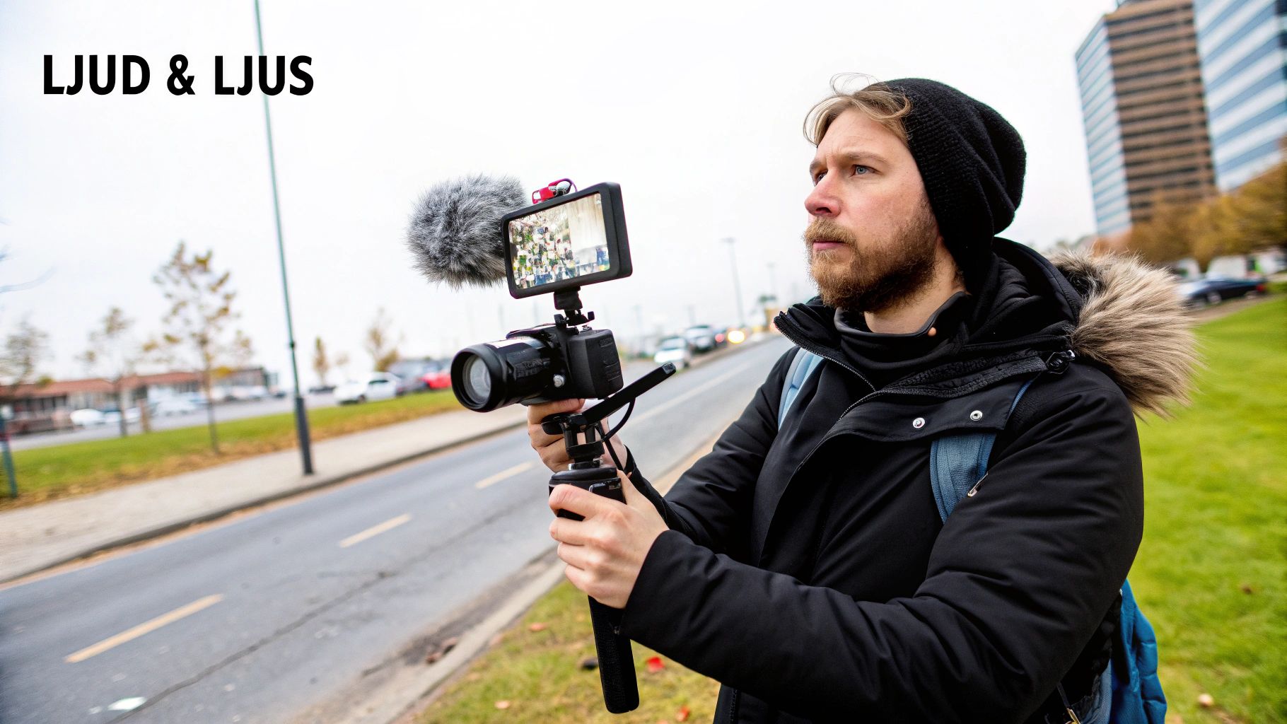 Filmer udendørs med en smartphone-rig, eksternt objektiv og mikrofon, med en bybaggrund og teksten Lyd og lys.