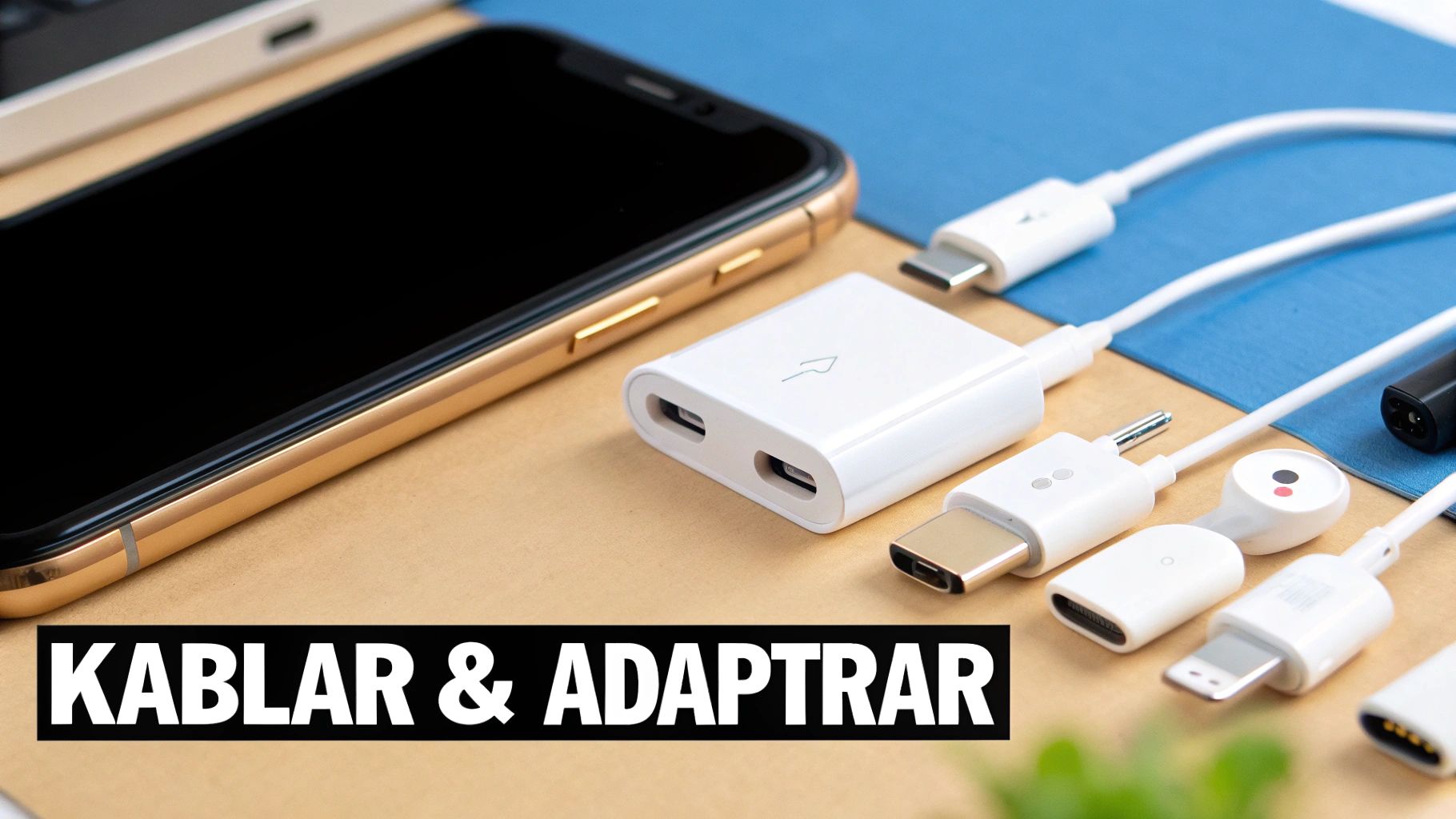 Various white cables and adapters for charging and data transfer to mobile phones.