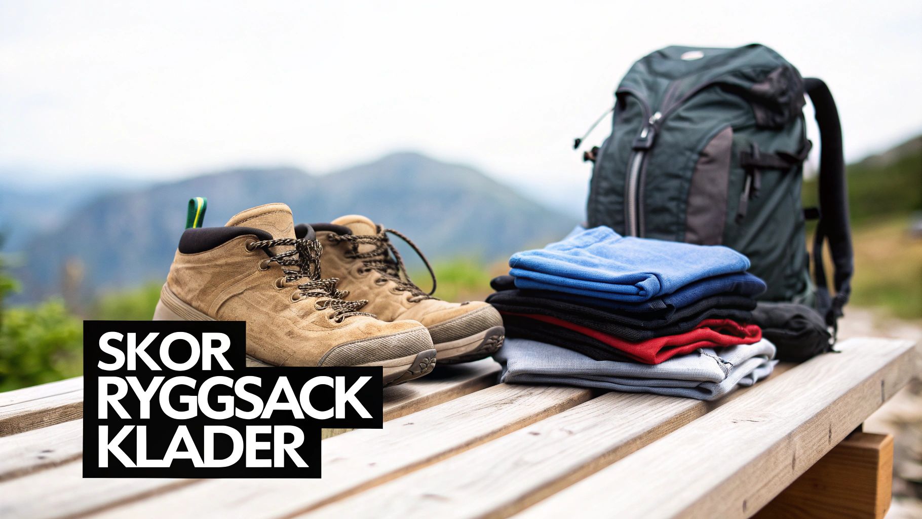 Vandringsutrustning utlagd på marken redo för packning