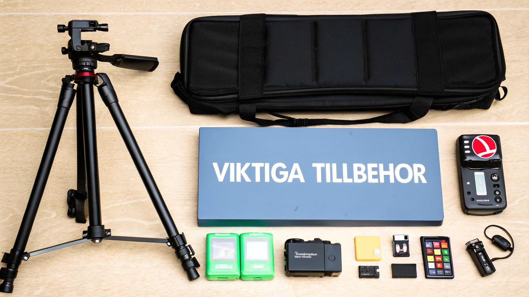 En samling svarta kameratillbehör ligger på en träyta, inklusive stativ, väska, ljusmätare och texten 'Viktiga Tillbehör'.