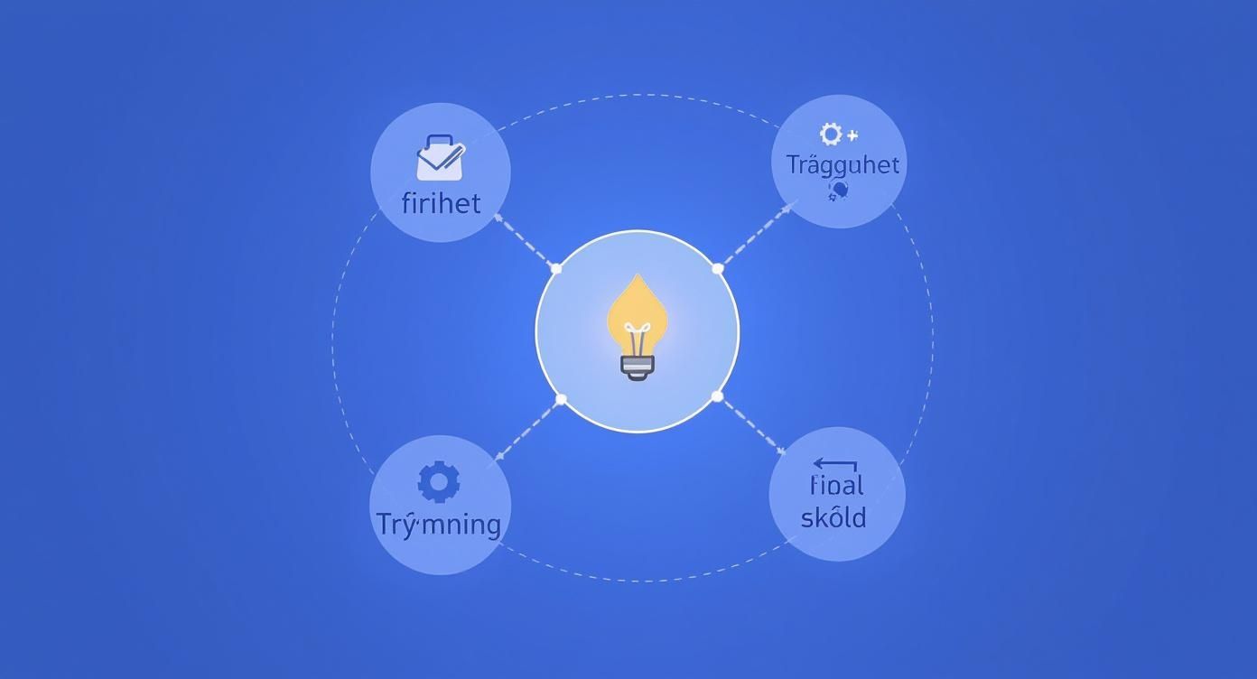 Diagram med en central glödlampa och fyra konceptcirklar märkta 'frihet', 'trygghet', 'trymning' och 'finans sköld'.