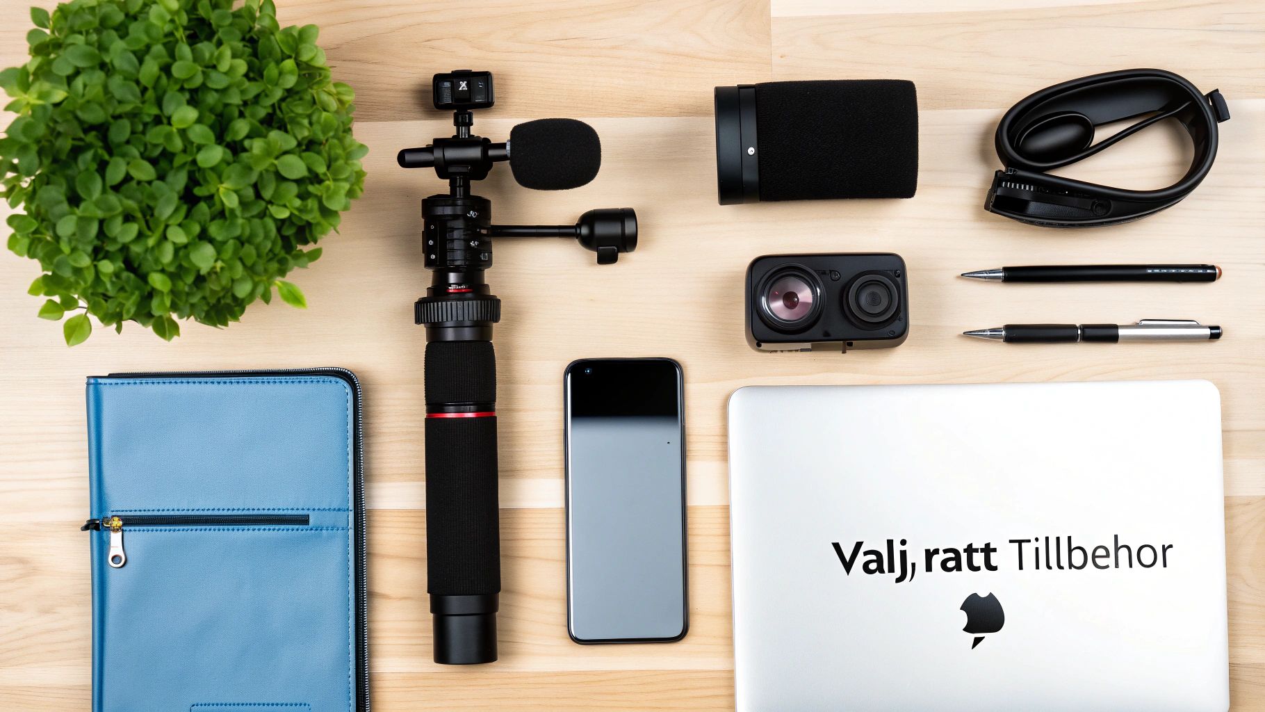 En samling tillbehör för DJI Osmo, inklusive filter, stativ och mikrofoner