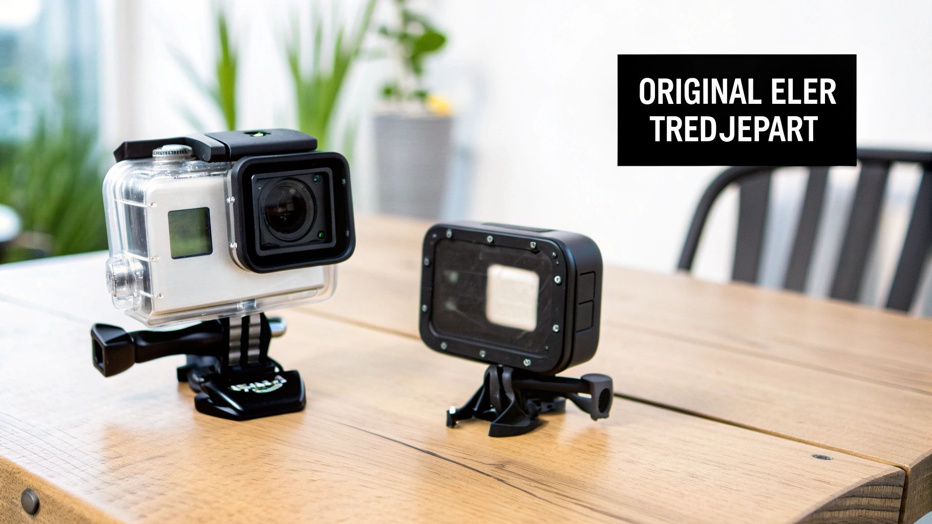 Två actionkameror på ett träbord, varav en i ett genomskinligt hus, med texten 'ORIGINAL ELLER TREDJEPART'.
