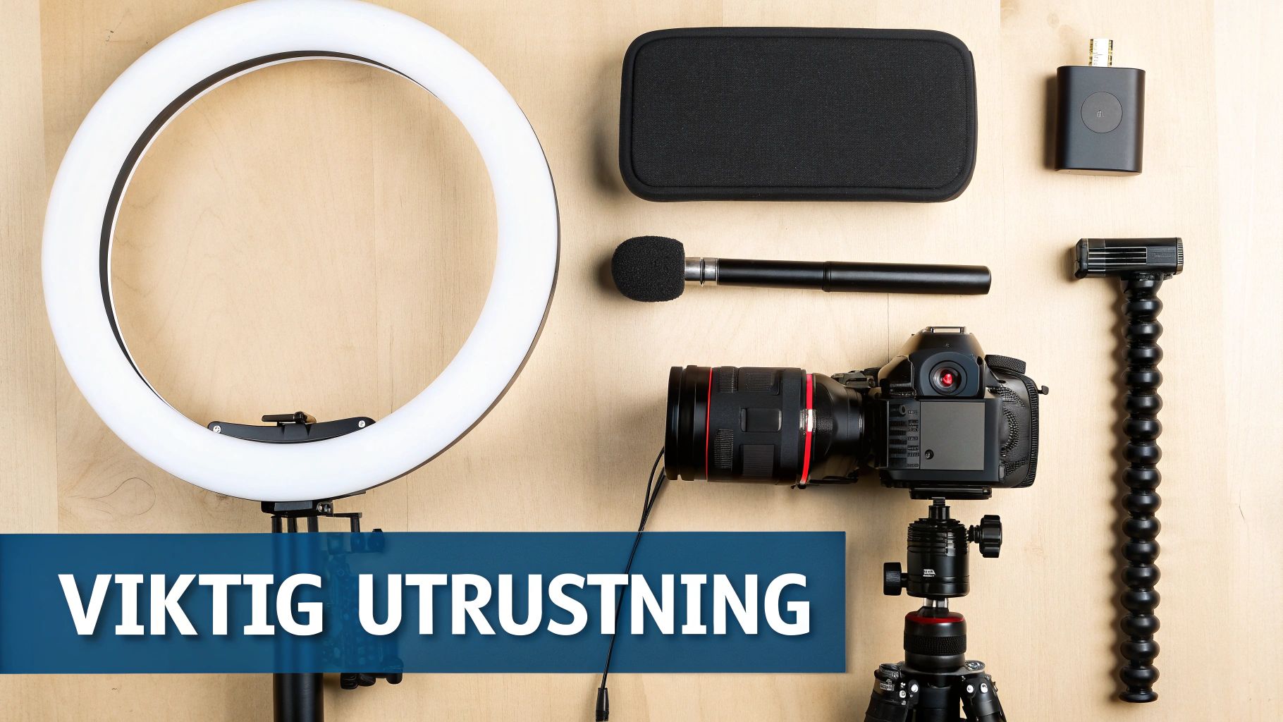 Overview of video production equipment: ring light, camera, microphone, and tripod on light wood.