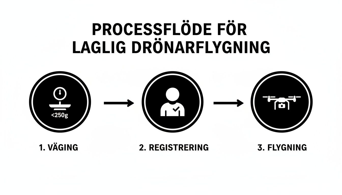 Laillisen drone-lennon prosessi, mukaan lukien punnitus, rekisteröinti ja itse lento.