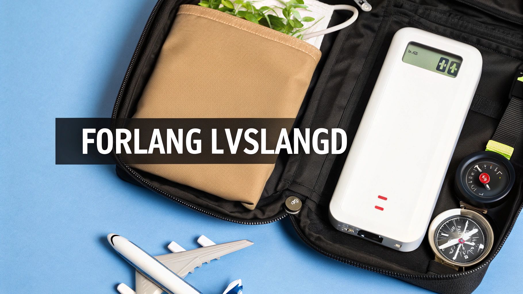Travel items with a white power bank, compass, model airplane, and bag on a blue background.